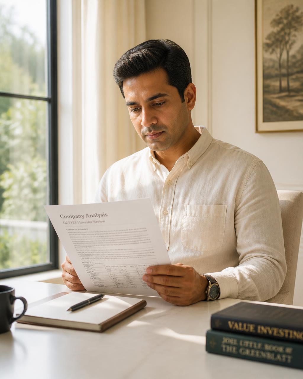 An investor reading a printed company analysis report in warm natural light